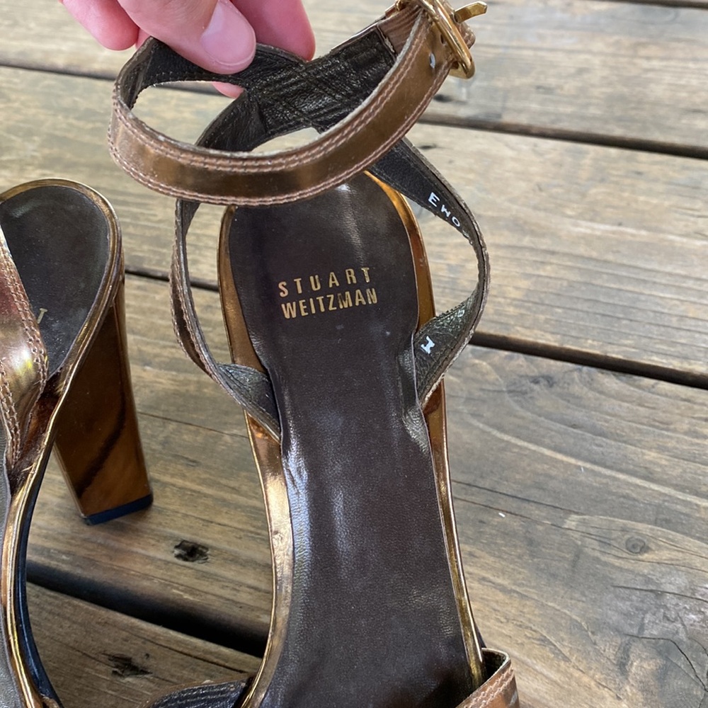 New Stuart Weitzman Metallic Peep Toe Block Heels - image 5